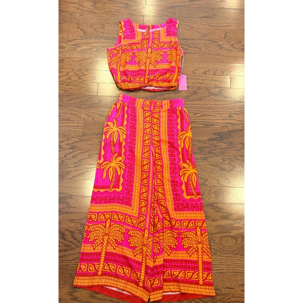 Rose + Olive Resort Pink Orange Tropical Palm Tree 2 Piece Crop Top Pant Set S